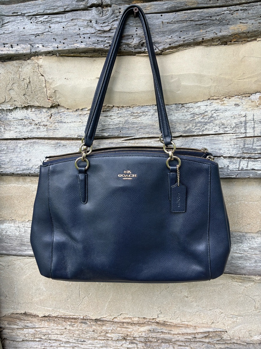 Coach Outlet Navy Leather Shoulder Bag with Gold Hardware